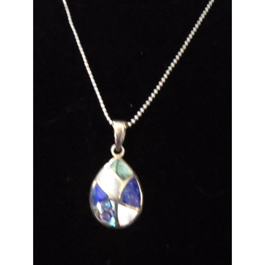 Vintage 925 Sterling Silver Abalone Mother Of Pearl Lapis Teardrop Pendant Chain